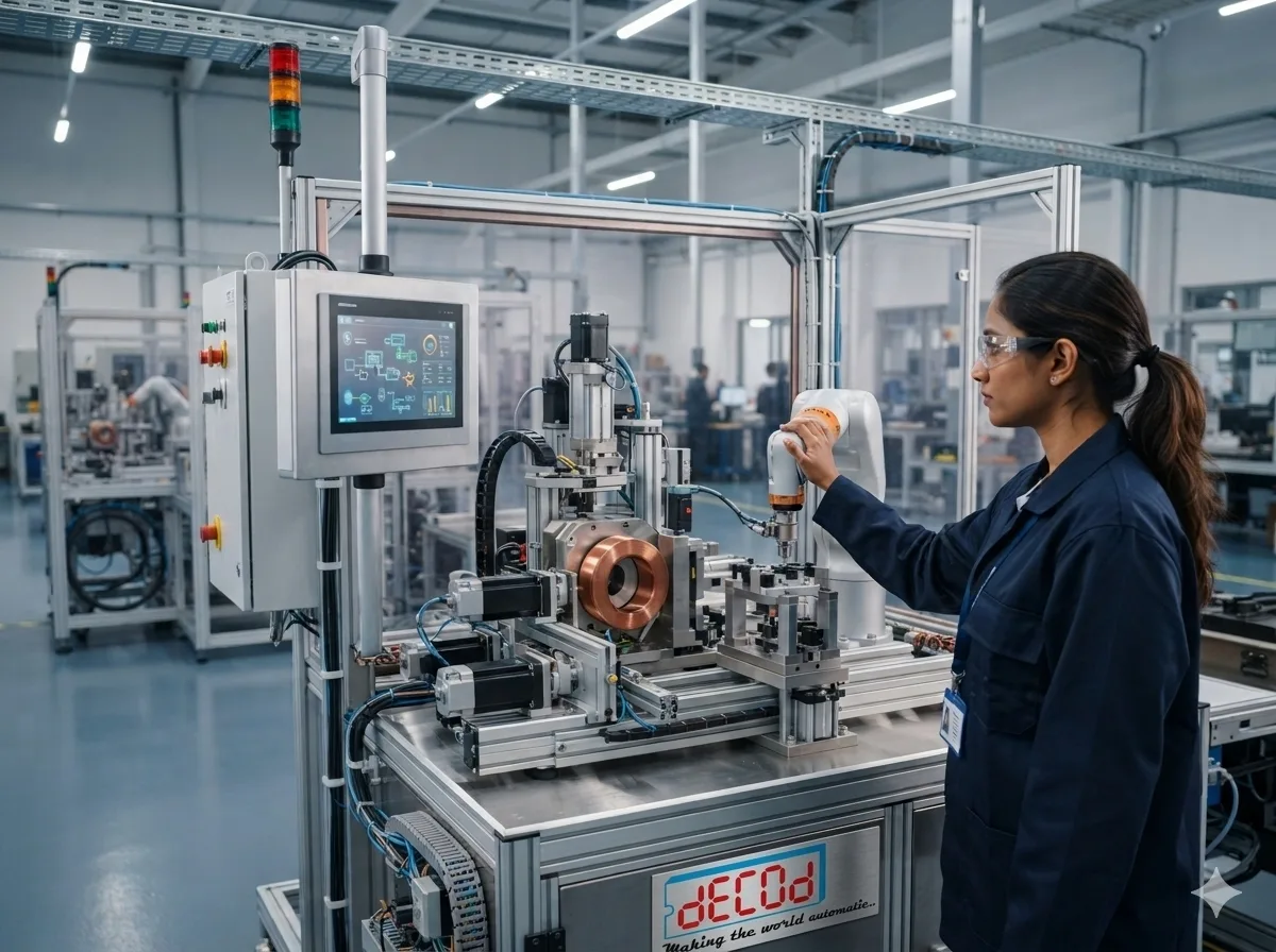 DECod engineer operating an automated coil production system with an HMI and robotic equipment